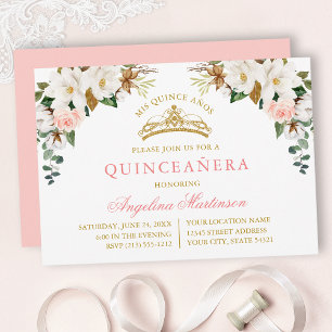Watercolor Magnolias Pink Roses Gold Quinceanera Invitation