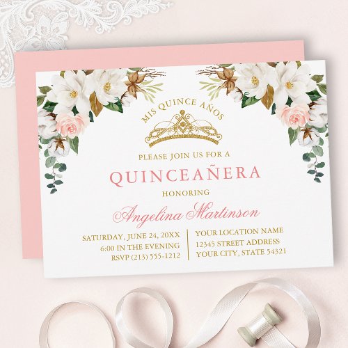 Watercolor Magnolias Pink Roses Gold Quinceanera