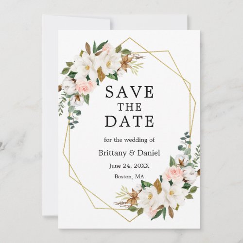 Watercolor Magnolias Pink Roses Gold Save The Date