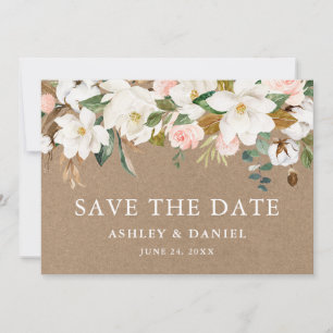 Watercolor Magnolias Pink Roses Kraft Save The Date