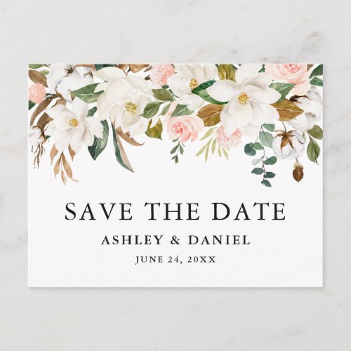 Watercolor Magnolias Pink Roses Save The Date Postcard