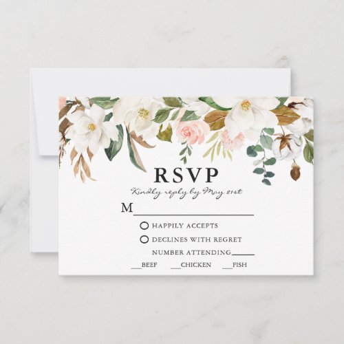 Watercolor Magnolias Pink Roses Wedding Meal RSVP Card