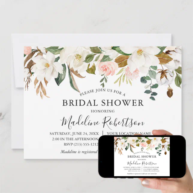 Watercolor Magnolias Roses Bridal Shower Invitation Zazzle