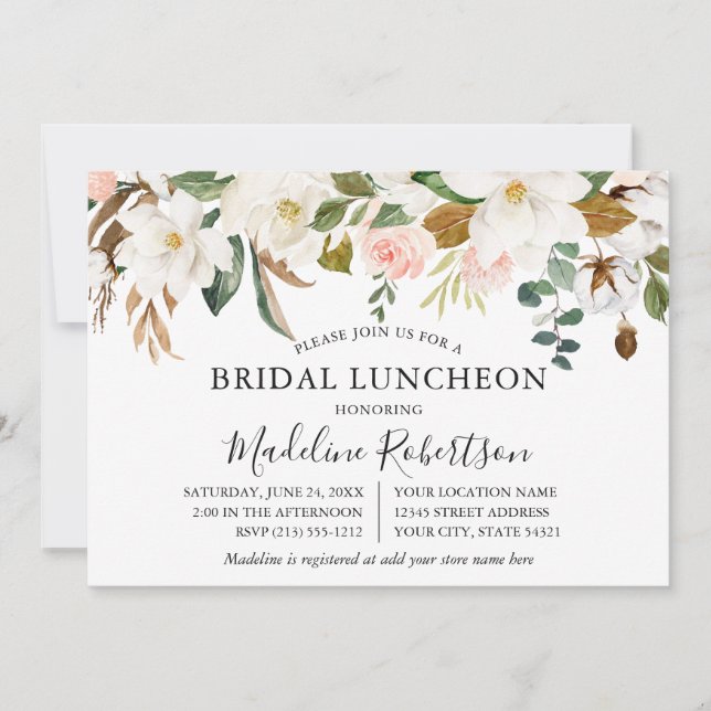 Watercolor Magnolias Roses Bridal Shower Luncheon Invitation (Front)