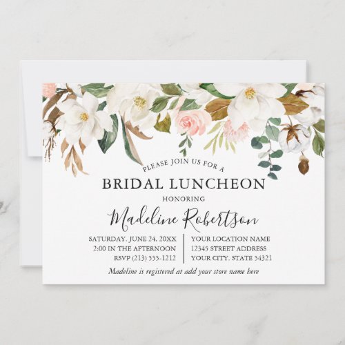 Watercolor Magnolias Roses Bridal Shower Luncheon Invitation