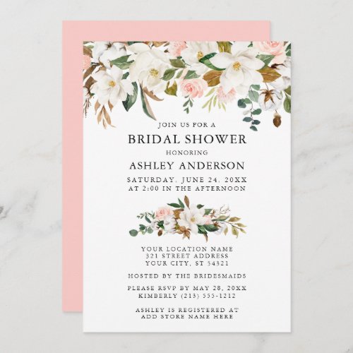 Watercolor Magnolias Roses Bridal Shower Pink Invitation