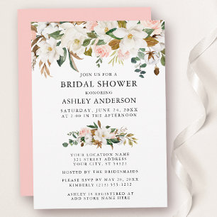Watercolor Magnolias Roses Bridal Shower Pink Invitation
