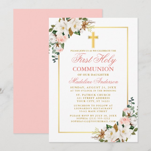 Watercolor Magnolias Roses First Communion Pink Invitation (Front/Back)