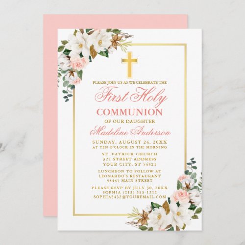 Watercolor Magnolias Roses First Communion Pink Invitation