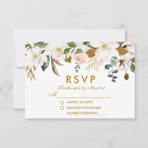 Watercolor Magnolias Roses Floral Gold Wedding RSVP Card
