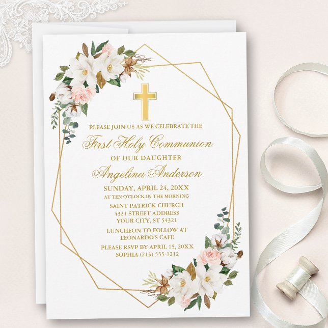 Watercolor Magnolias Roses Geo Frame Communion Invitation (Customize to change text color, size, style or to add photos or more text to back of card.)