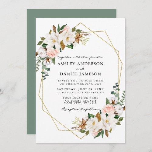 Watercolor Magnolias Roses Geo Wedding Sage Green Invitation