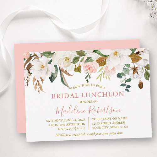 Watercolor Magnolias Roses Gold Bridal Luncheon Invitation