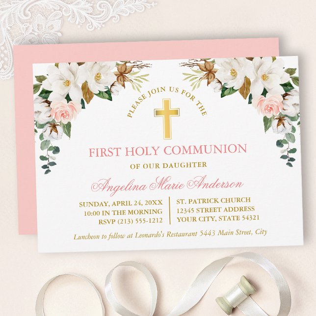 Watercolor Magnolias Roses Gold Communion Invitation (Customize to change text color, text style or color of back of card.)