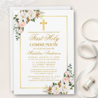 Watercolor Magnolias Roses Gold First Communion
