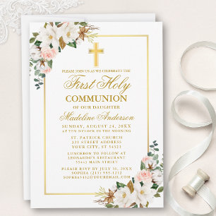 Watercolor Magnolias Roses Gold First Communion Invitation