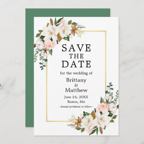 Watercolor Magnolias Roses Gold Frame Green Save The Date