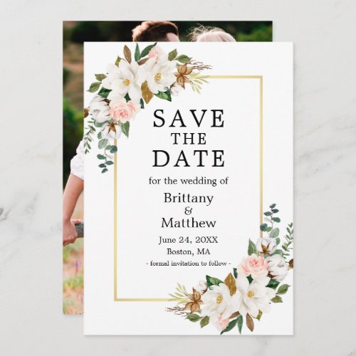 Watercolor Magnolias Roses Gold Frame Photo Save The Date
