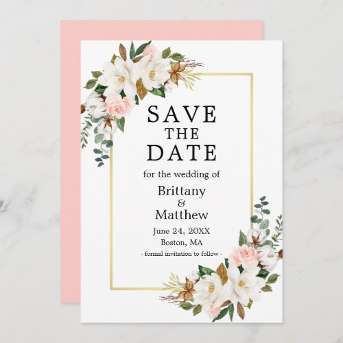 Watercolor Magnolias Roses Gold Frame Pink Save The Date