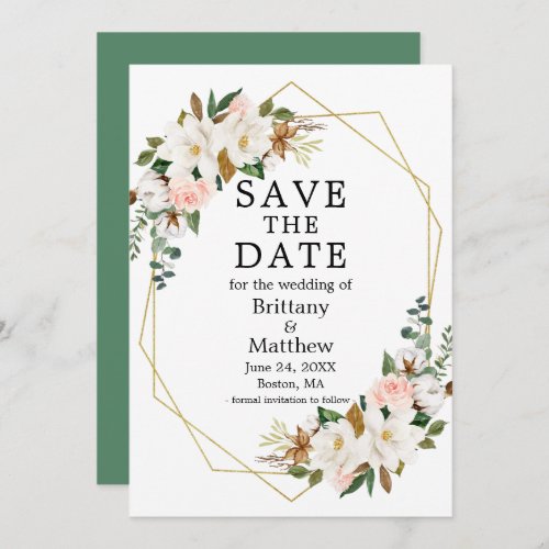 Watercolor Magnolias Roses Gold Geo Frame Green Save The Date
