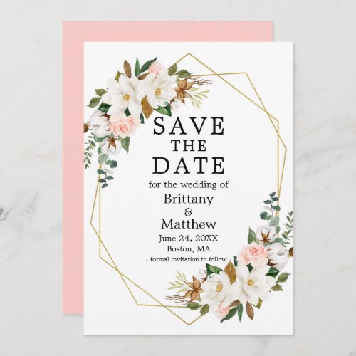 Watercolor Magnolias Roses Gold Geo Frame Pink Save The Date