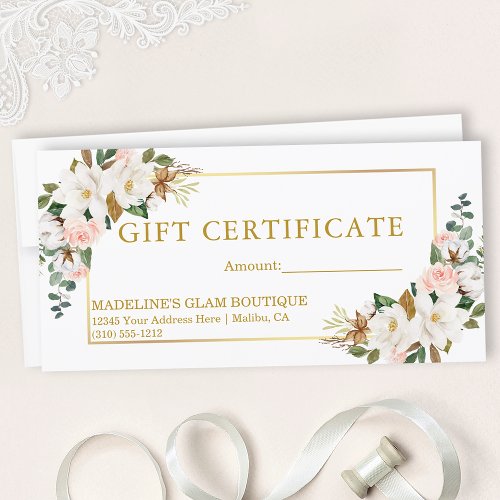 Watercolor Magnolias Roses Gold Gift Certificate