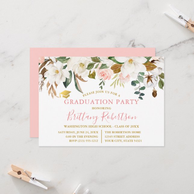 Watercolor Magnolias Roses Gold Graduation Party Invitation (Front/Back In Situ)