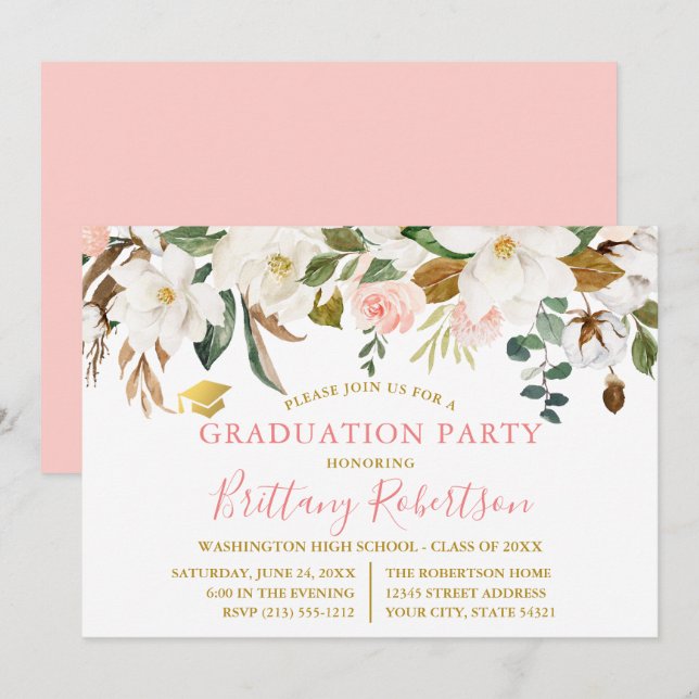 Watercolor Magnolias Roses Gold Graduation Party Invitation (Front/Back)