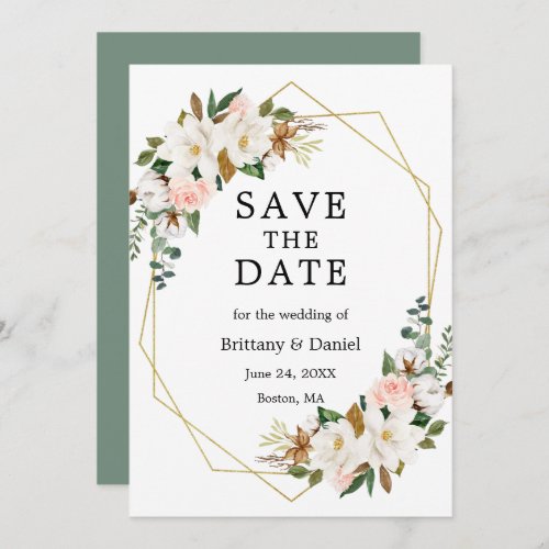Watercolor Magnolias Roses Gold Sage Green Save The Date