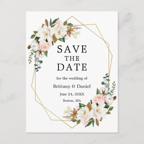 Watercolor Magnolias Roses Gold Save The Date Announcement Postcard
