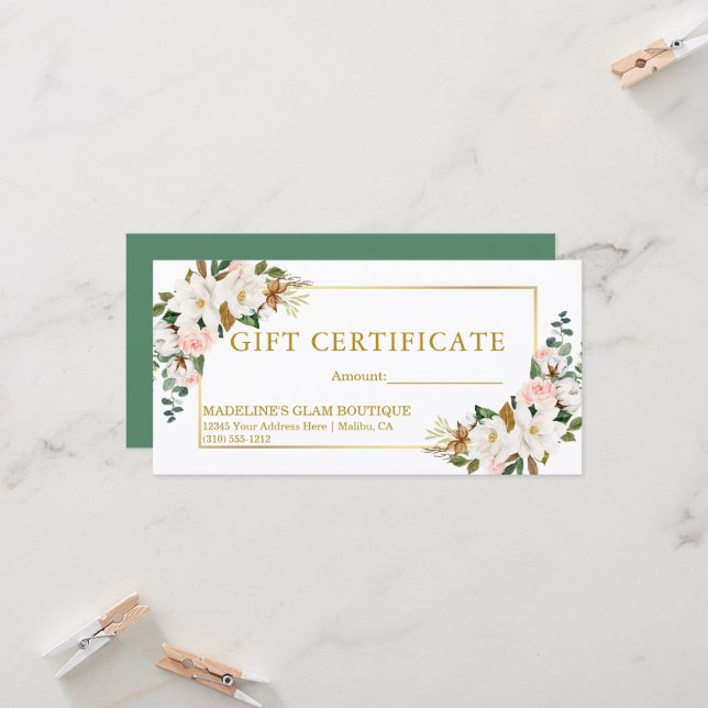 Watercolor Magnolias Roses Green Gift Certificate (Front/Back In Situ)