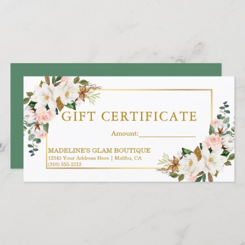 Watercolor Magnolias Roses Green Gift Certificate