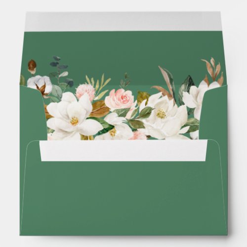 Watercolor Magnolias Roses Green Wedding Envelope