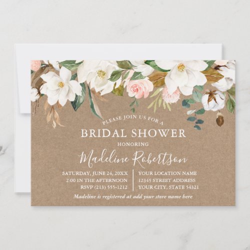 Watercolor Magnolias Roses Kraft Bridal Shower Invitation