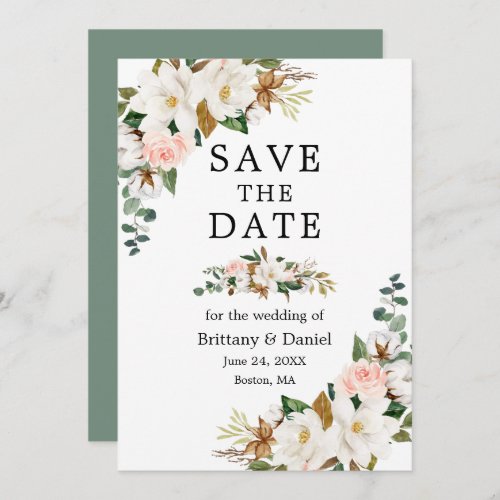 Watercolor Magnolias Roses Sage Green Save The Date