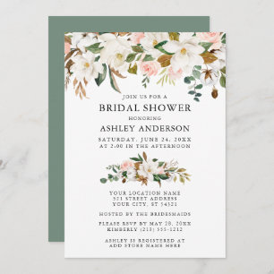 Watercolor Magnolias Roses Sage Green Shower Invitation