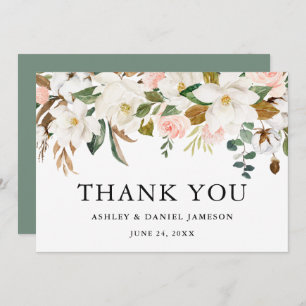 Watercolor Magnolias Roses Sage Green Wedding Thank You Card