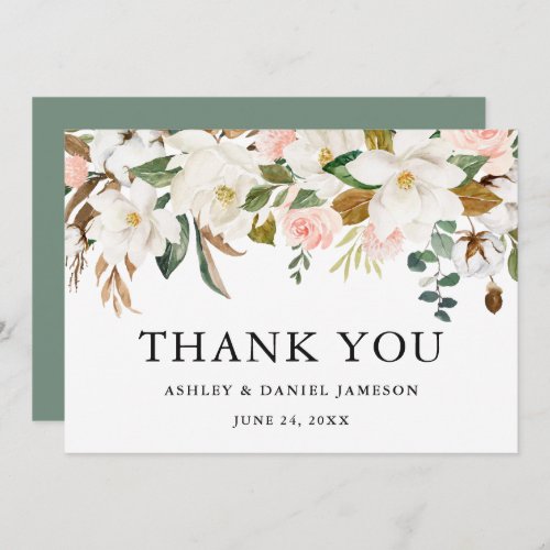 Watercolor Magnolias Roses Sage Green Wedding Thank You Card