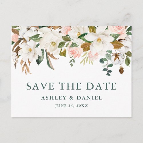 Watercolor Magnolias Roses Save The Date Green Postcard