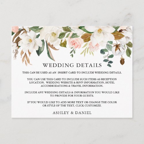 Watercolor Magnolias Roses Wedding Details Card