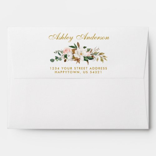Watercolor Magnolias Roses Wedding Gold Envelope