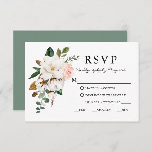 Watercolor Magnolias Roses Wedding Meal Sage Green RSVP Card