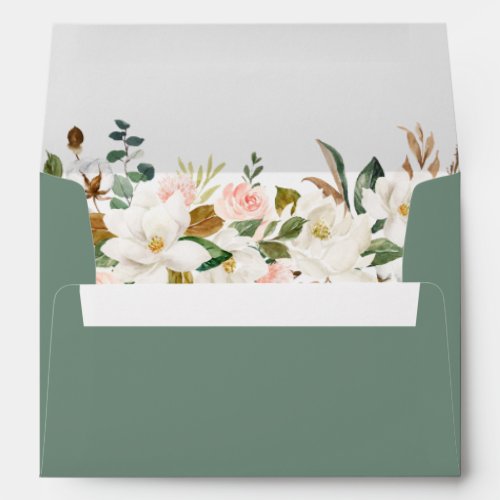 Watercolor Magnolias Roses Wedding Sage Green Envelope