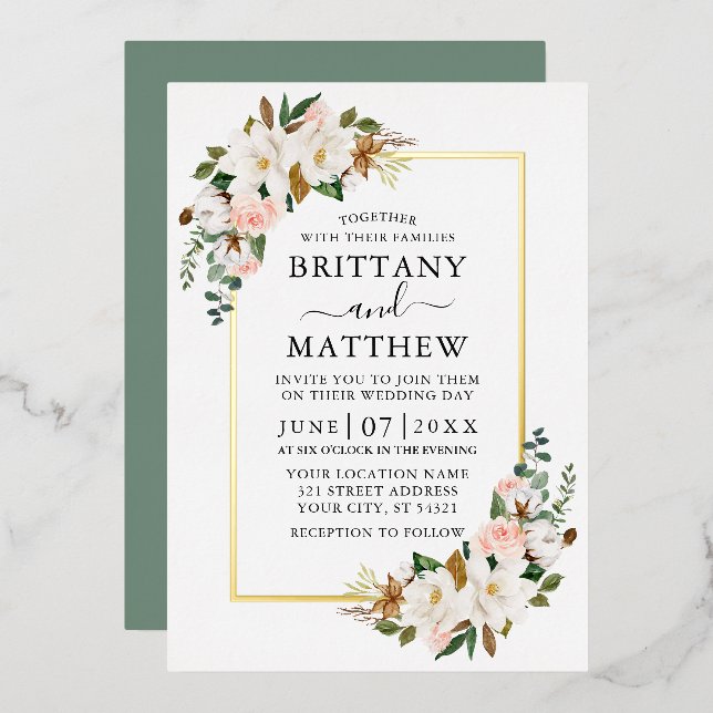 Watercolor Magnolias Roses Wedding Sage Green Gold Foil Invitation (Front/Back)