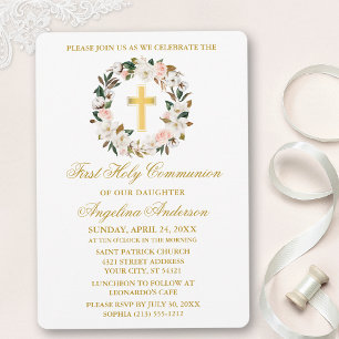 Watercolor Magnolias Roses Wreath Gold Communion Invitation