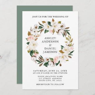 Watercolor Magnolias Roses Wreath Sage Green Invitation