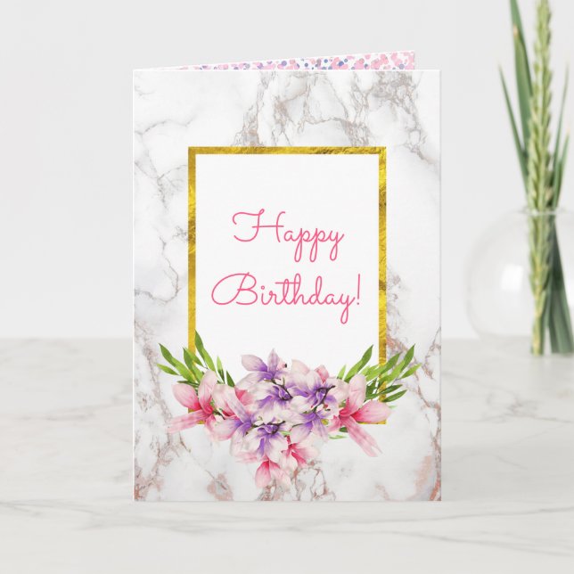 Watercolor Magnolias, White Marble Design Birthda Card (Front)