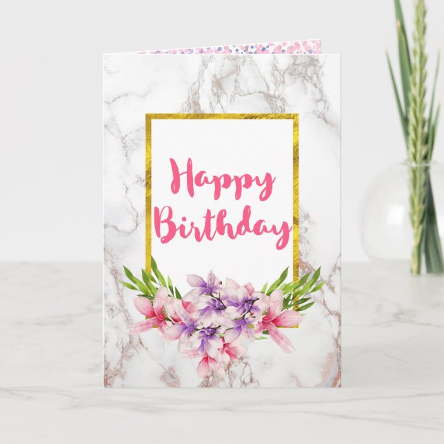 Watercolor Magnolias, White Marble Design Birthda Card (Front)