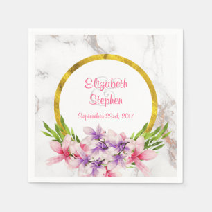 Watercolor Magnolias, White Marble Texture Wedding Napkins