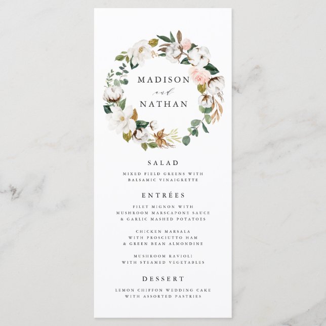 Watercolor Magnolias Wreath | Wedding Menu Card (Front)